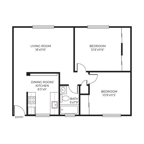 Floor plan for 2 beds, 1 bath, 726 sqft